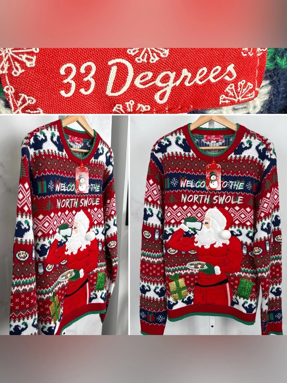 33 Degrees Men’s Christmas Welcome To The North Swole Party Sweater Sz L NEW $48